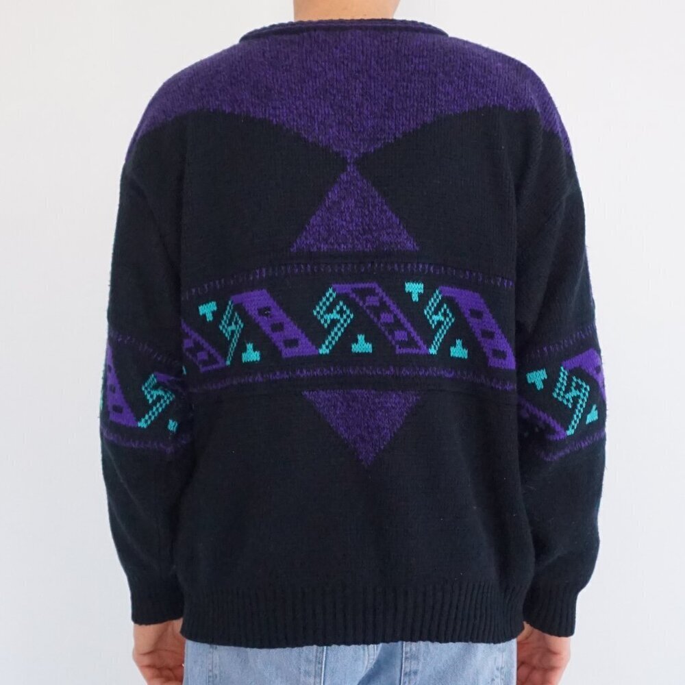 Vintage Bronzini Purple Black Geometric Knit Sweater Abstract Pattern Large - Picture 2 of 10